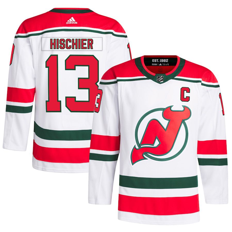 Men New Jersey Devils #13 Nico Hischier adidas White 2022-23 Heritage Primegreen Authentic Pro NHL Jersey